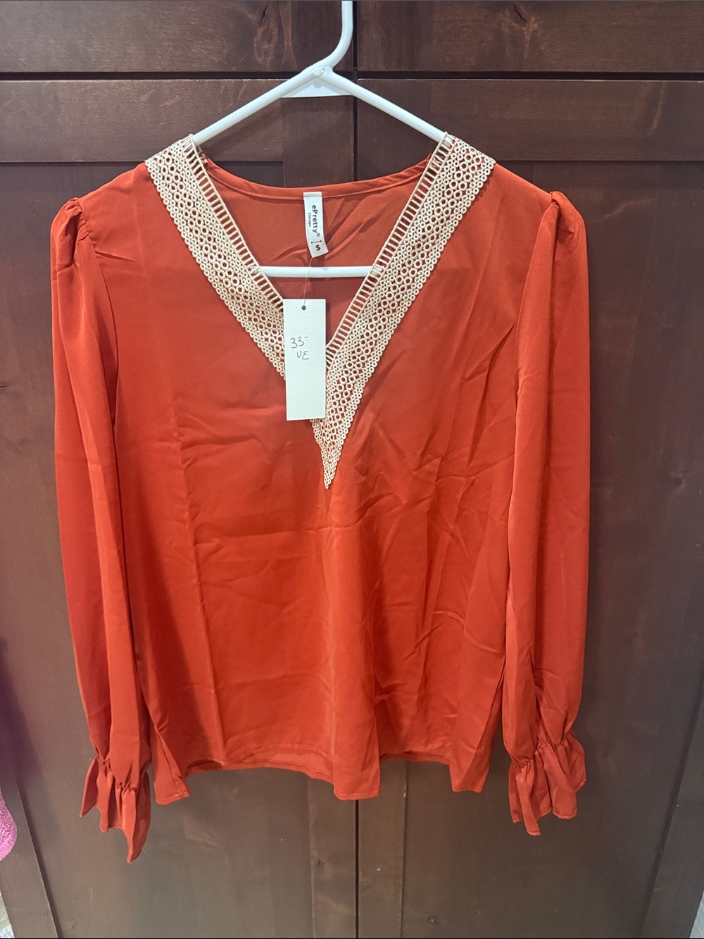 ePretty Burnt Orange V-Neck Blouse with Cream Lace Trim